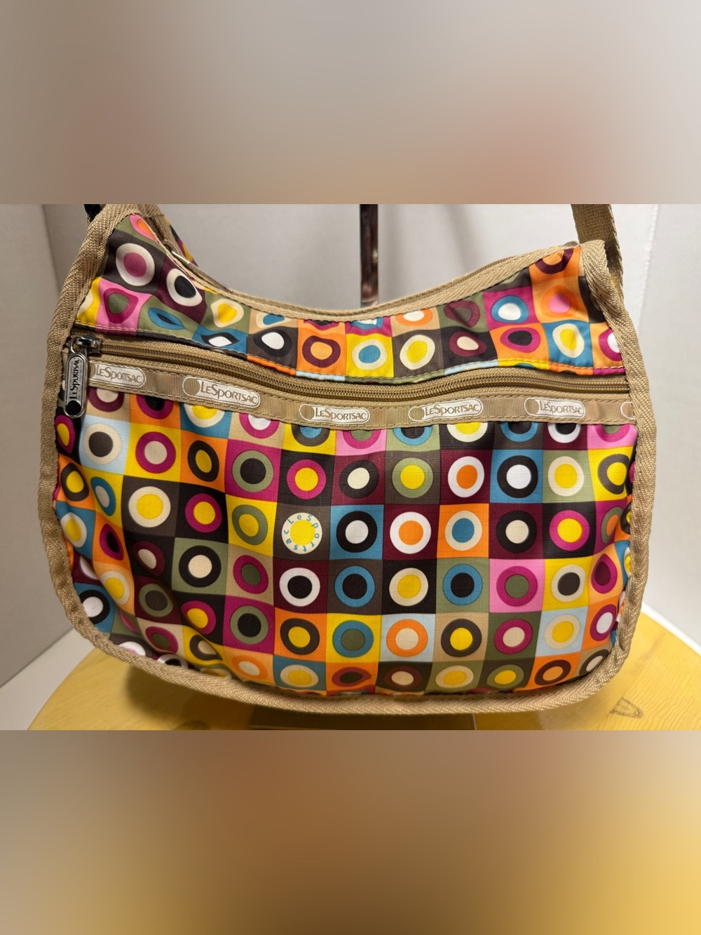 LeSportsac Vtg Nylon Square Dance Retrodot Hobo Geometric Pattern Adj Strap